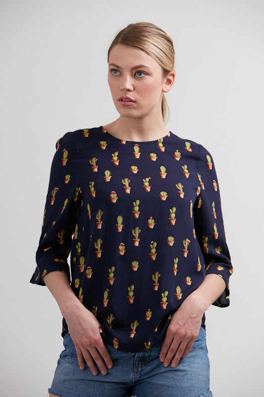 Potted Cacti Flare Sleeves Blouse Blue