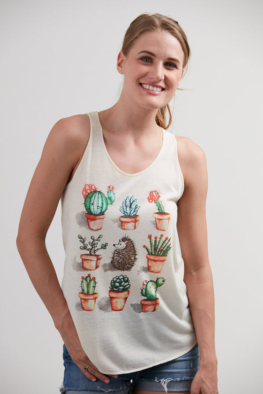 Cacti & Hedge Hog Print Tank Top White