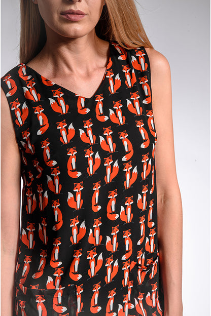 Black Shift Dress with Red Foxes
