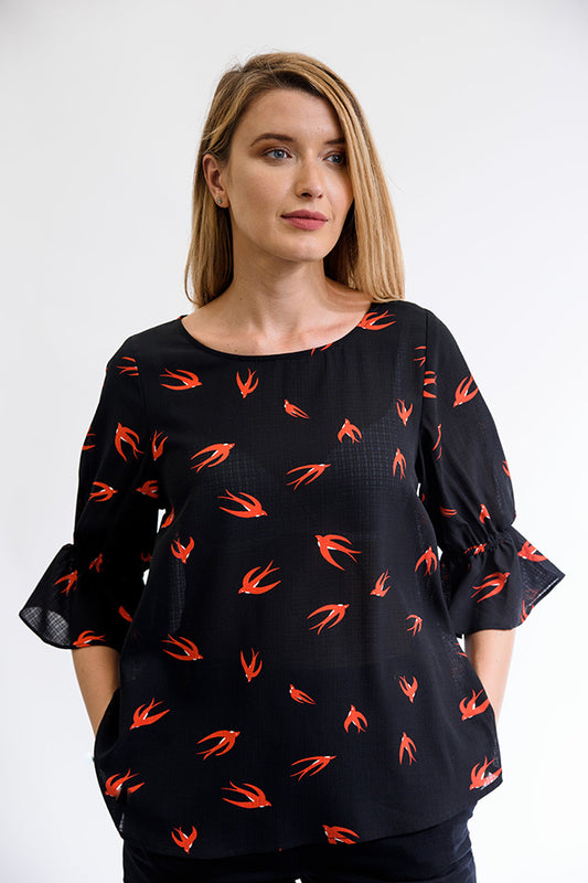 Red Swallow Birds Flare Sleeves Blouse Black