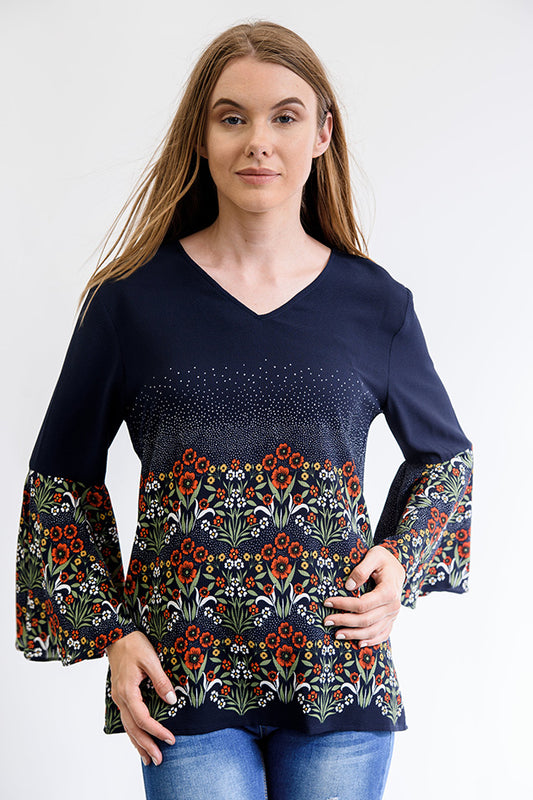 Floral Bell Sleeves Blouse Navy