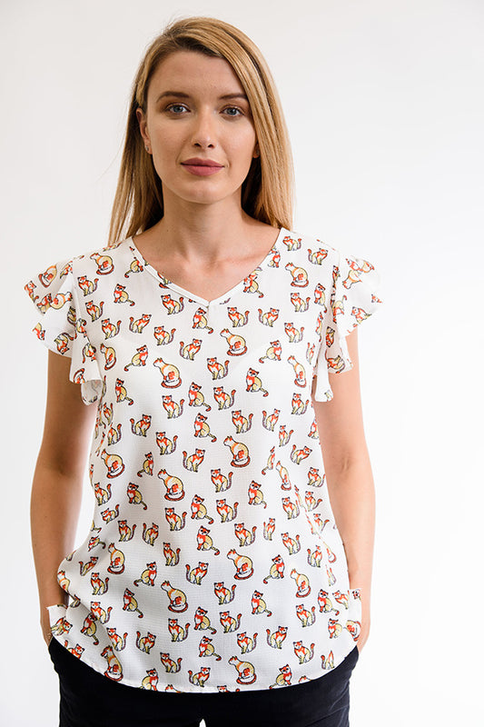 Colorful Cats Print Top White