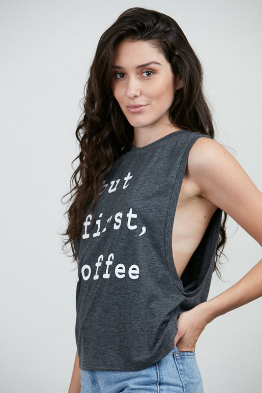 But First Coffee Crop Top Grey