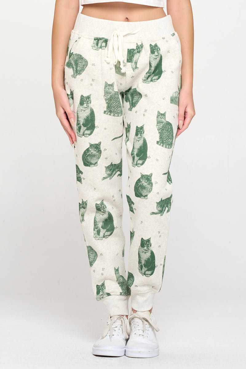 All Over Green Cat Print Sweatpant