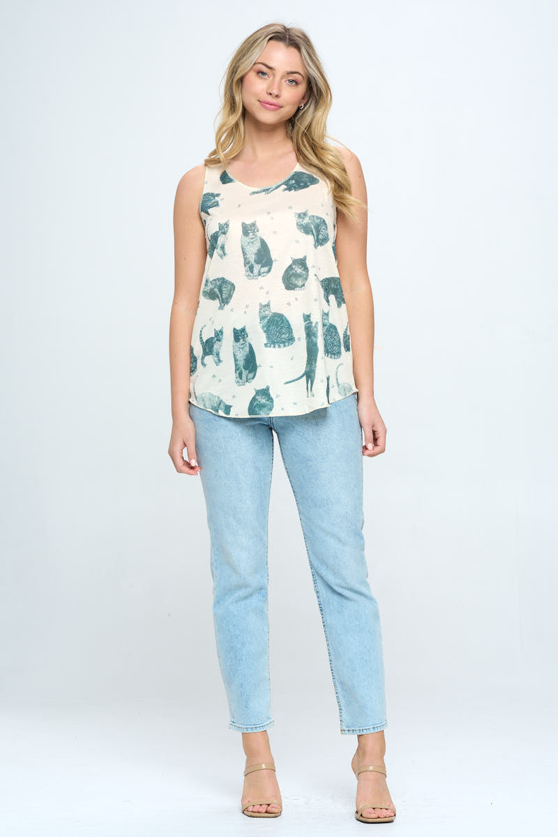 ALL OVER GREEN CAT PRINT TANK TOP