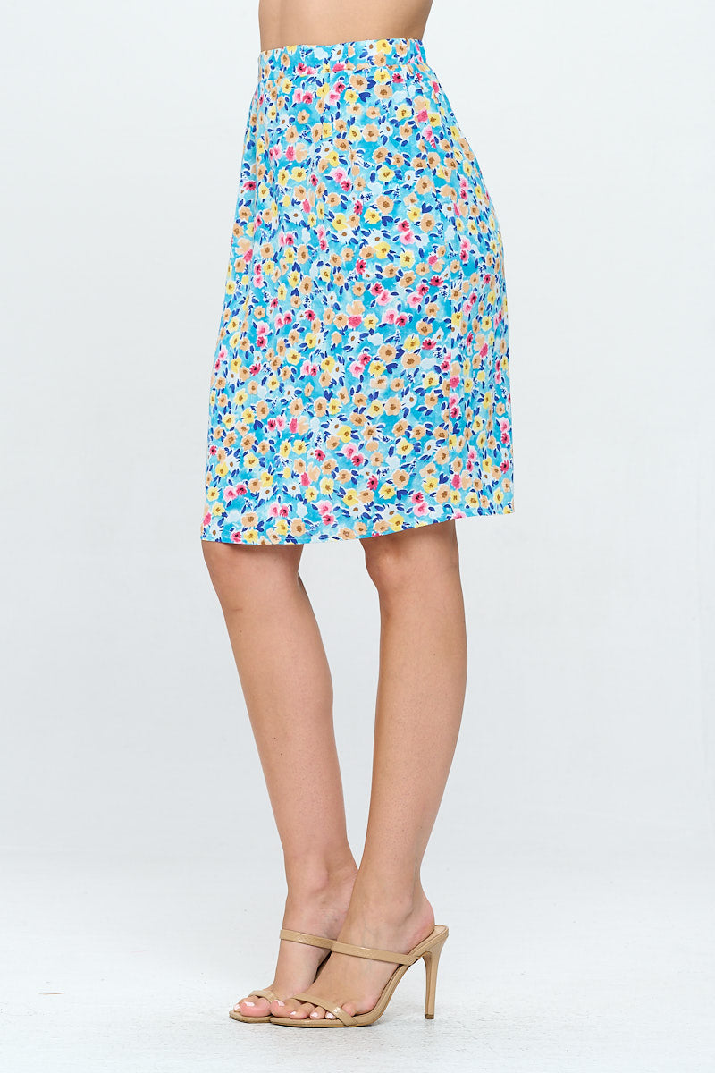 COLORFUL DITSY PRINT SKIRT BLUE WITH POCKETS