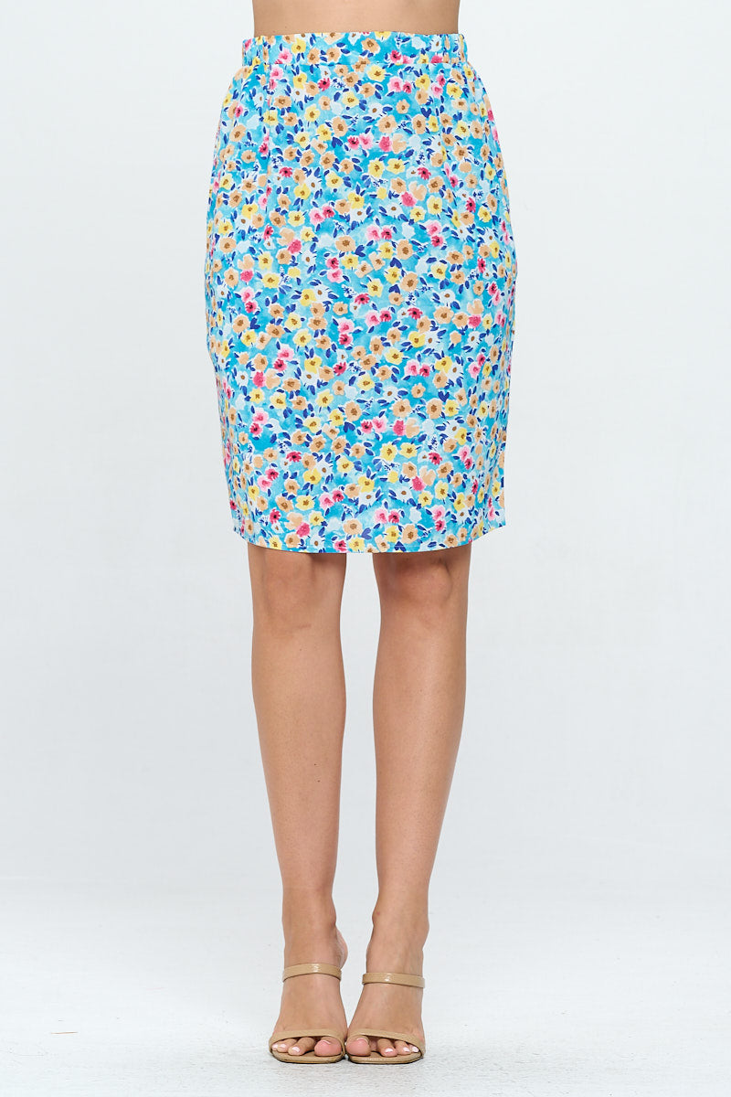 COLORFUL DITSY PRINT SKIRT BLUE WITH POCKETS