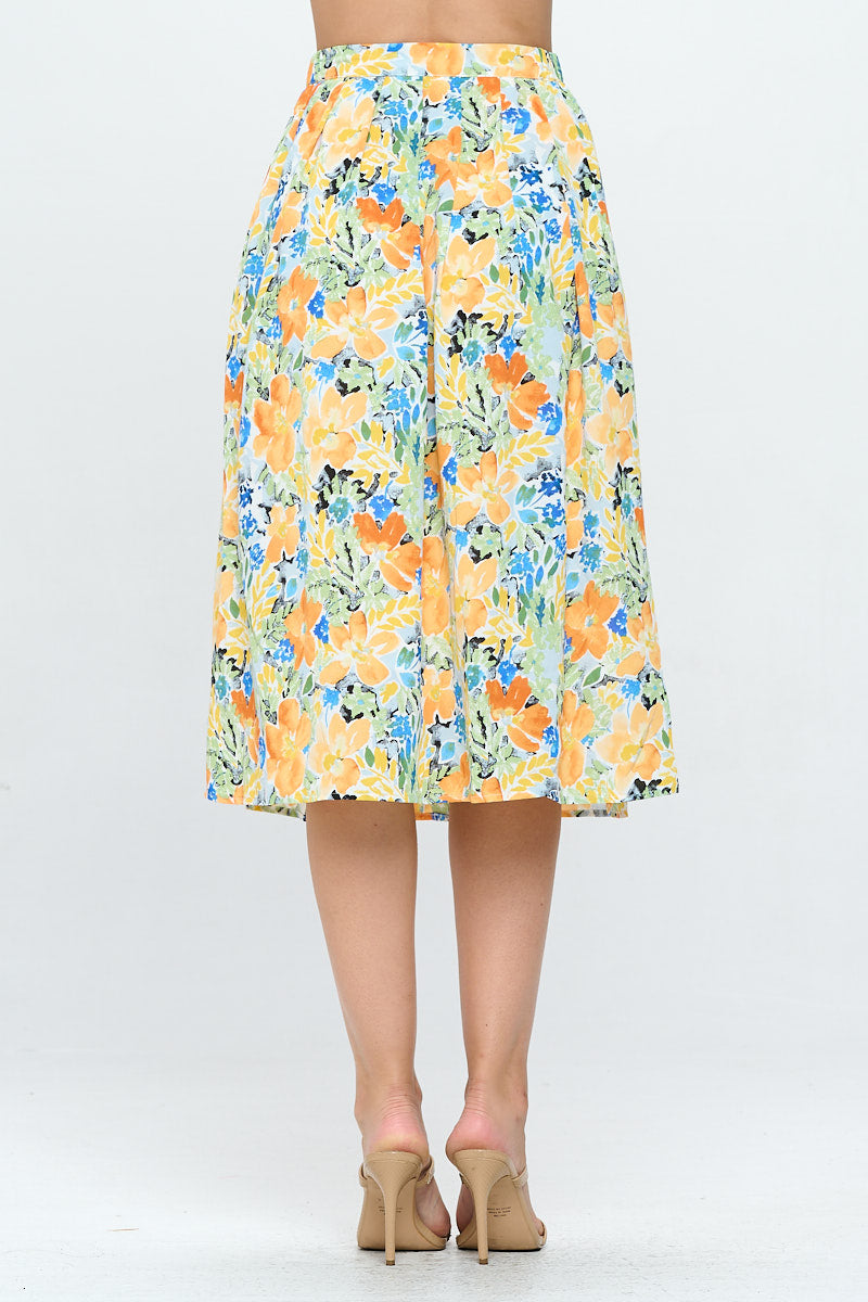 VINTAGE WATERCOLOR FLORAL PRINT SKIRT WITH POCKETS