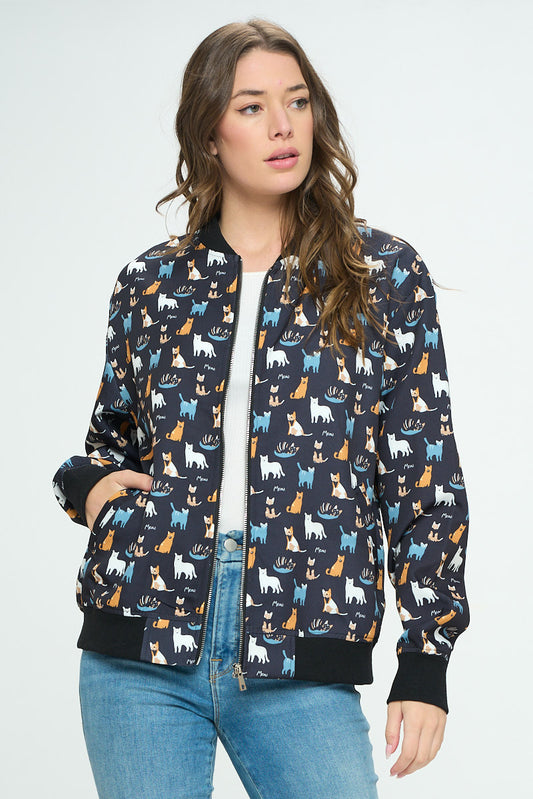 CAT MEOW ALL OVER BOMBER JACKET WITH POCKET