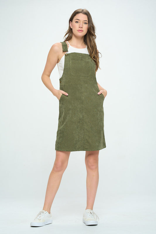 SQUARE NECK CORDUROY DRESS WITH POCKETS GREEN