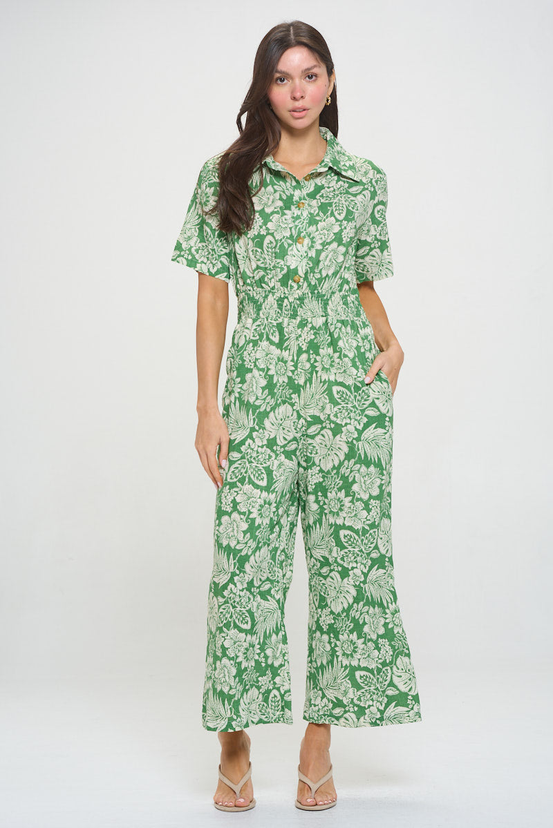 FLORAL LEAF PRINT GREEN OVERALL