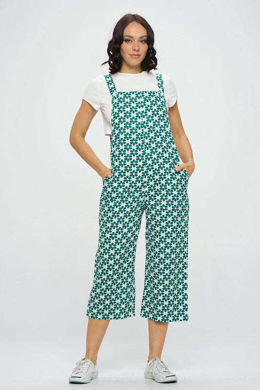 GREEN DAISY FLORAL PRINT OVERALLS WITH POCKETS