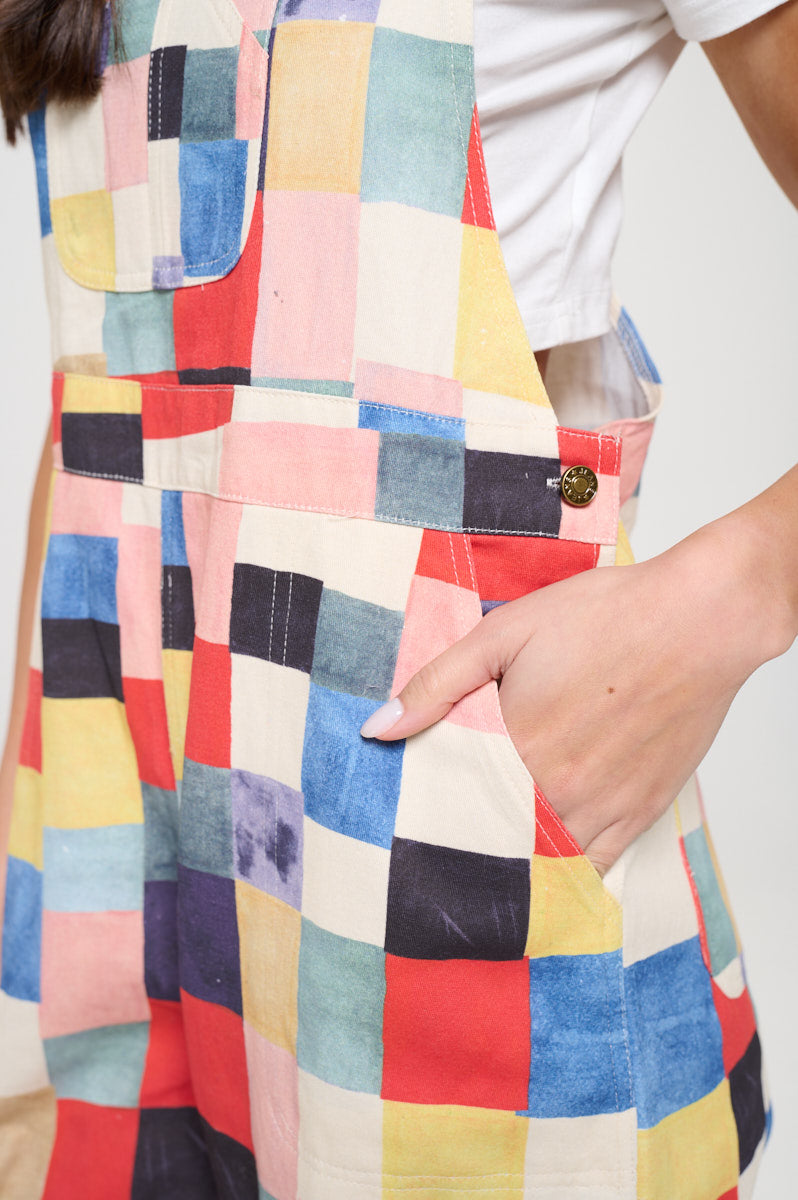 COLORFUL CHECK SQAURE PRINT OVERALLS
