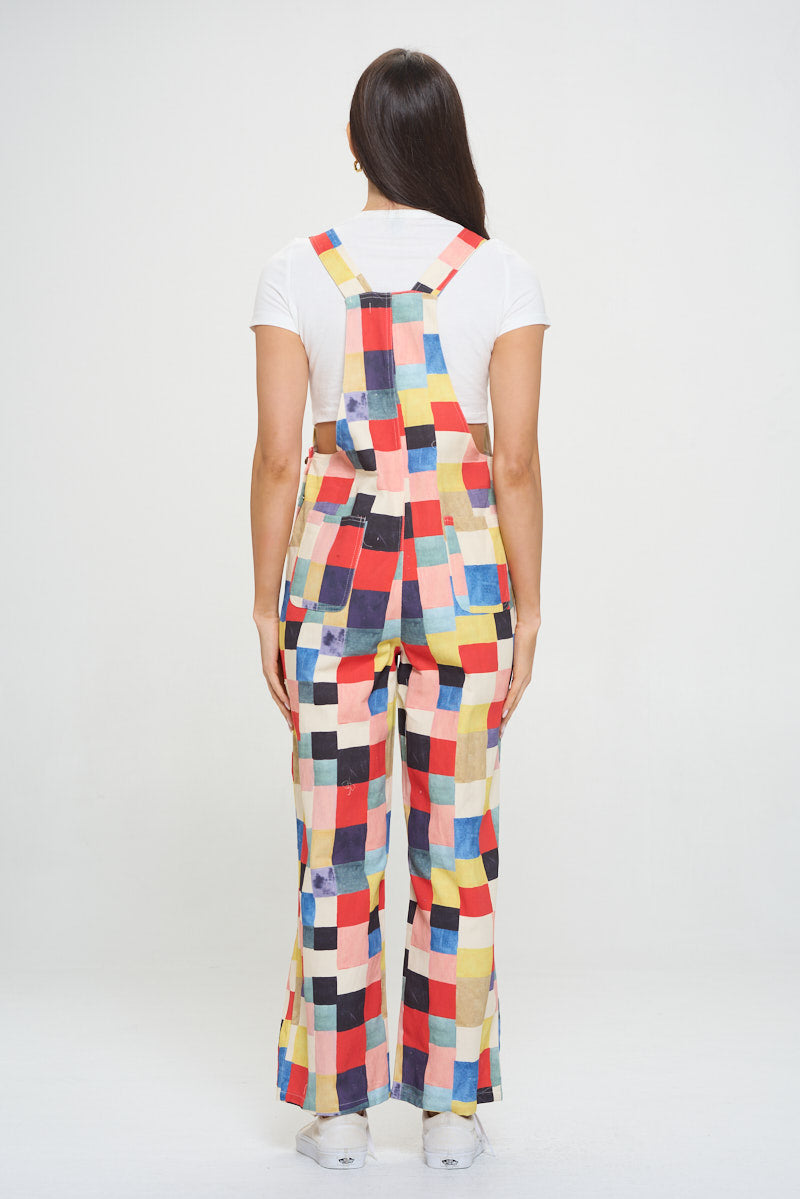 COLORFUL CHECK SQAURE PRINT OVERALLS