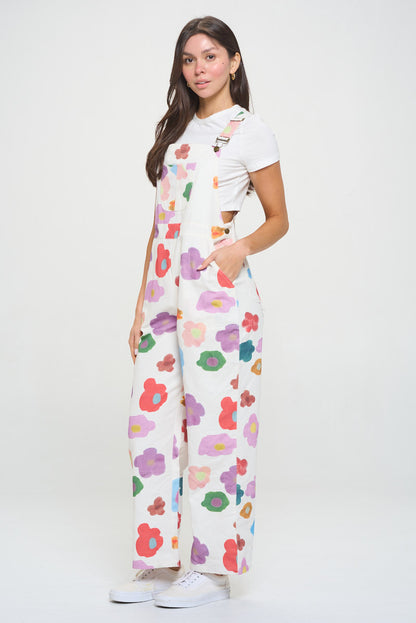WATERCOLORF FLORAL PRINT WHITE OVERALLS