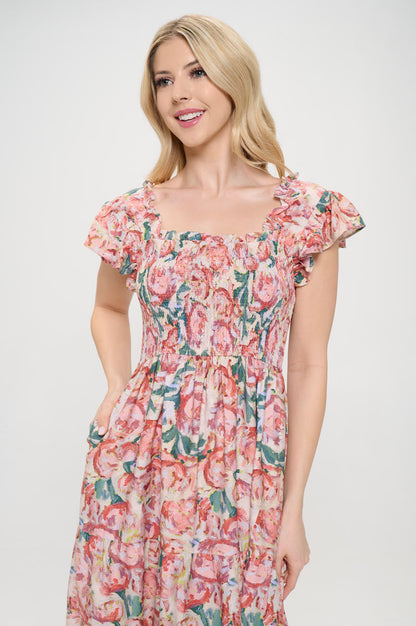 ABSTRACT FLORAL PAINTING CORAL DRESS