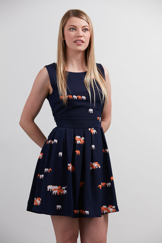 Orange & White Elepahant Print Dress Blue