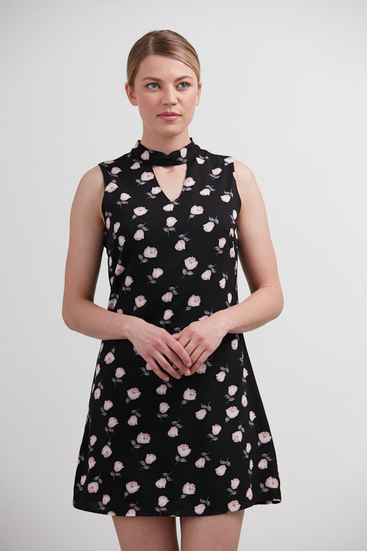 Choker Neckline Floral Print Dress Black