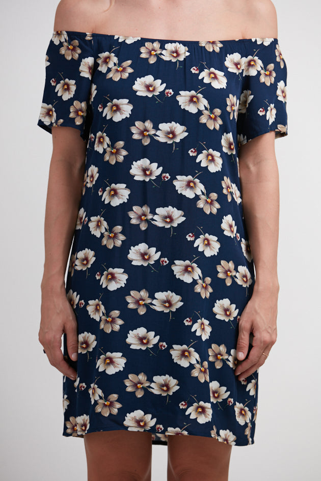 Floral Print Off The Shoulder Dress Blue