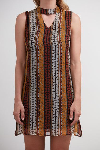 Choker Neck Aztec Print Dress Brown