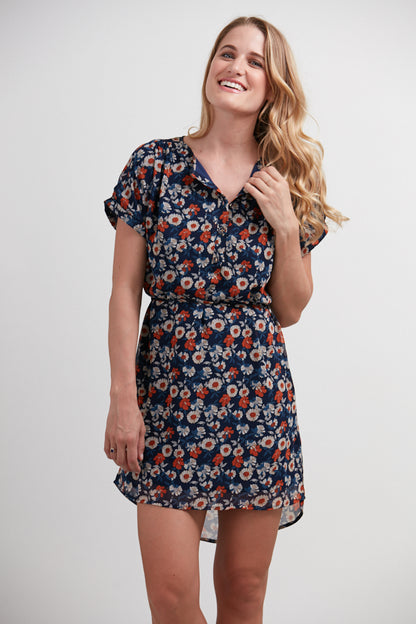 Floral Dress Blue with Front Button