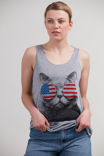 Cat with US Flag Shades Tank Top Grey