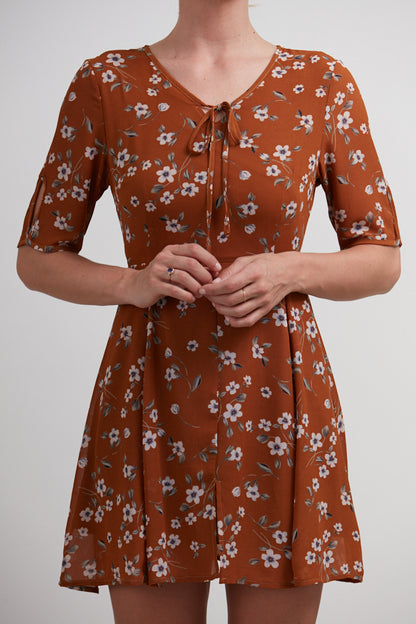 Half Sleeves Floral Print Dress Brown