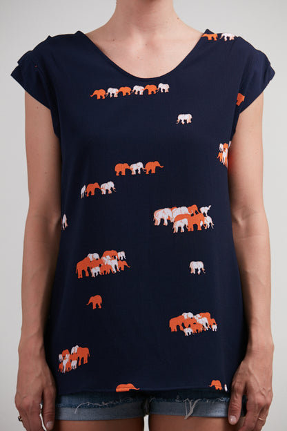 Orange Elephant Print Blouse Navy