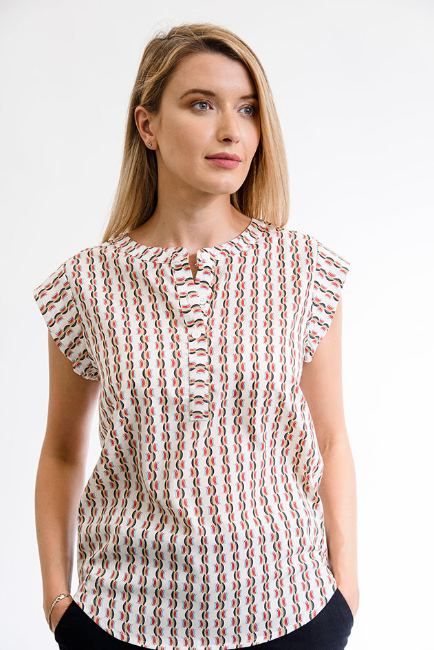 Abstract Color Wave Print Blouse White