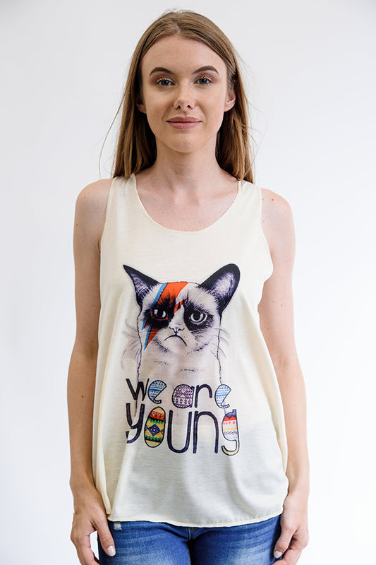 We are Young Cat Print Tank Top White