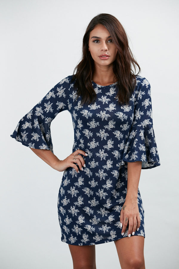 Flared Sleeves Floral Winter Tunic Blue