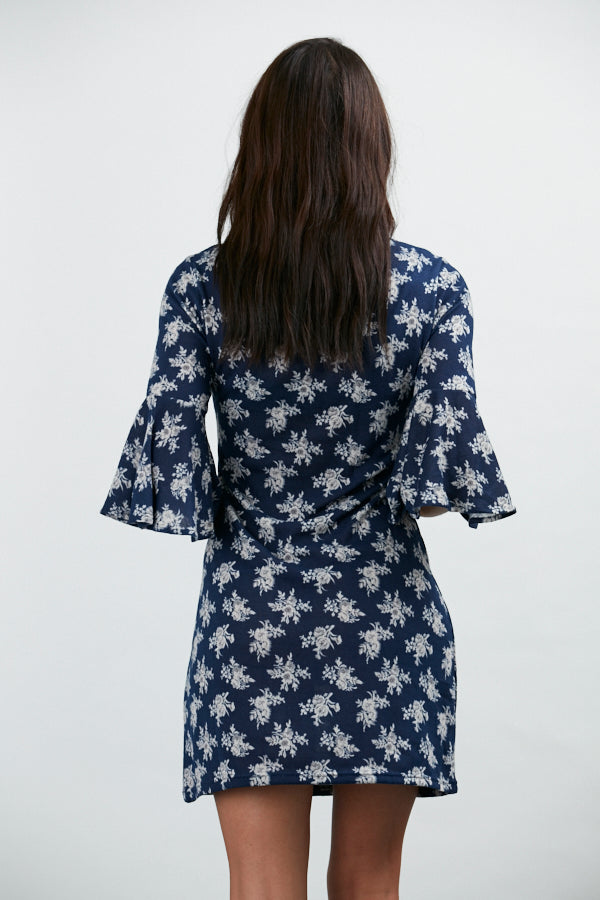 Flared Sleeves Floral Winter Tunic Blue