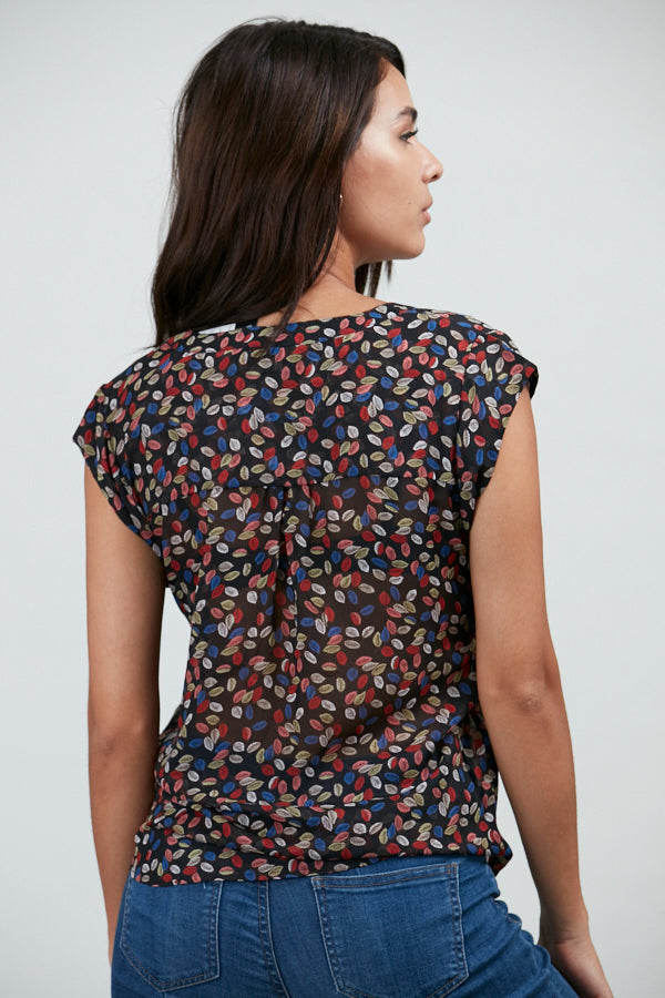 Tiny Colorful Leaves Print Blouse Blue