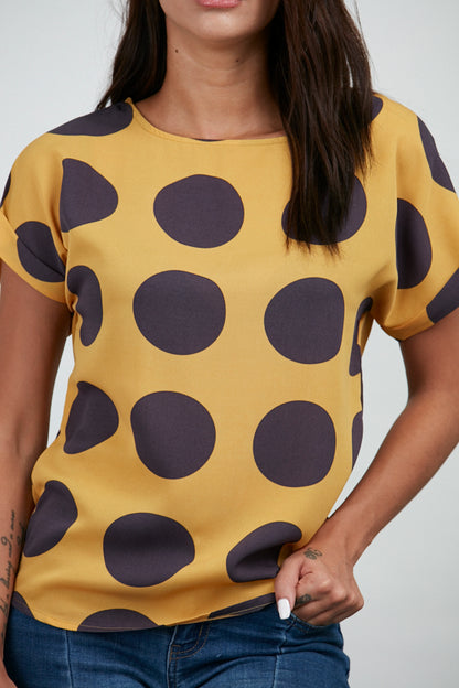 Big Polka Dot Print Top Mustard