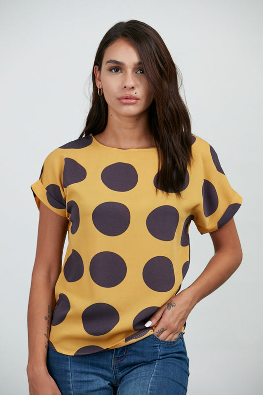 Big Polka Dot Print Top Mustard