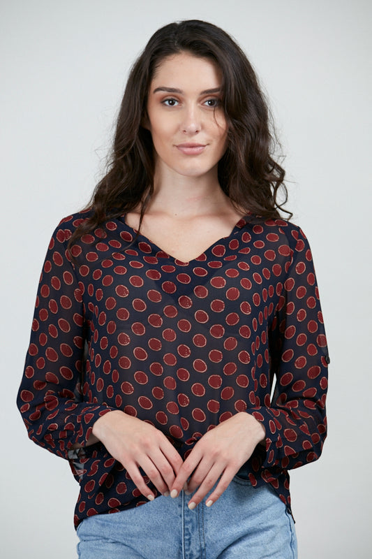 Red Circle Print Full Sleeves Blouse Blue