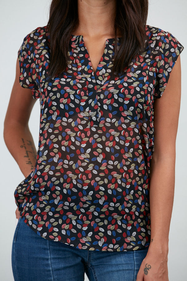 Tiny Colorful Leaves Print Blouse Blue