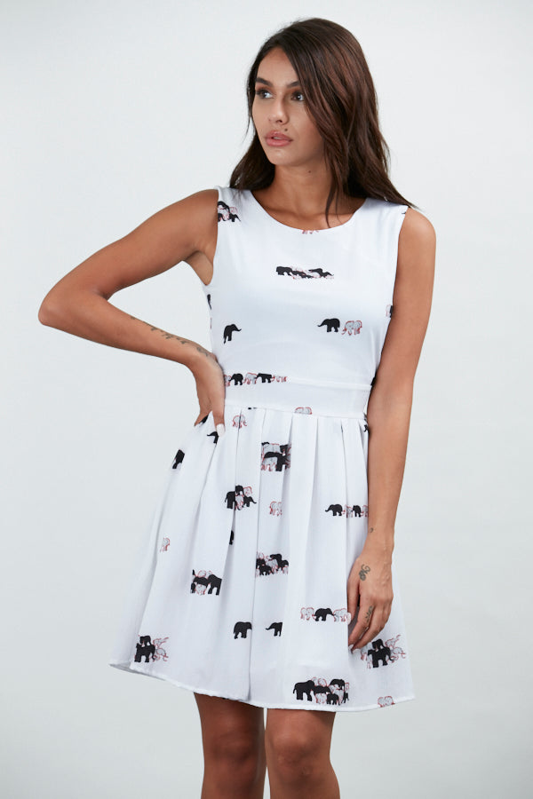 Black & Red Elephants Print Dress White