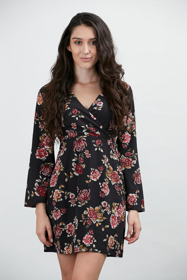 Full Sleeves Floral Wrap Style Dress Black