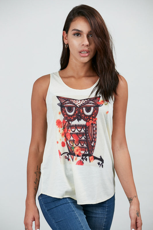 Colourful Owl On The Branch Tank Top White