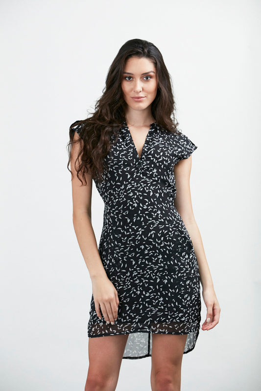 All Over Leaf Print Button Down Dress Black