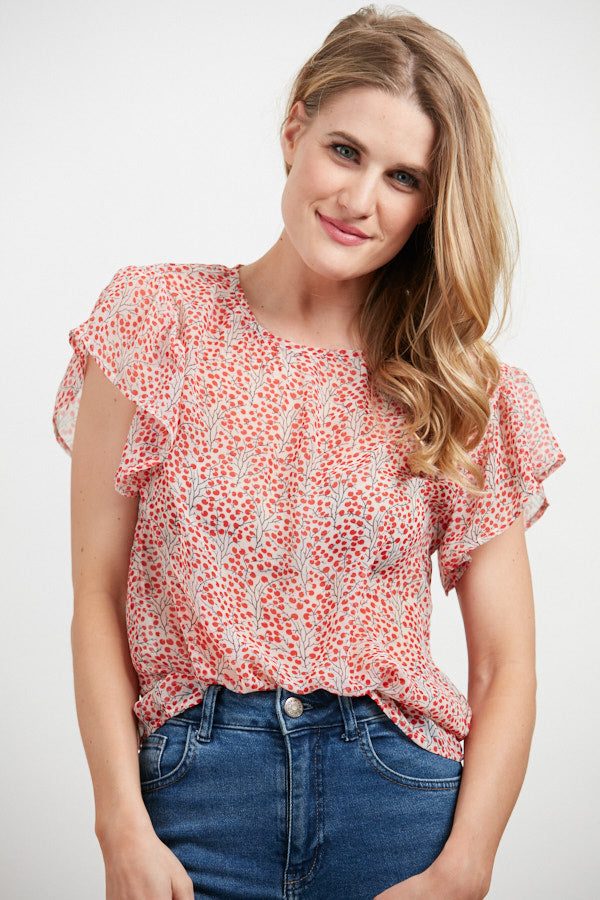 Tiny Cherry Print Ruffled Sleeves Blouse Red
