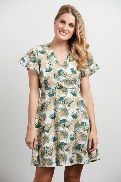 Green Tropical Leaf Print Wrap Style Dress