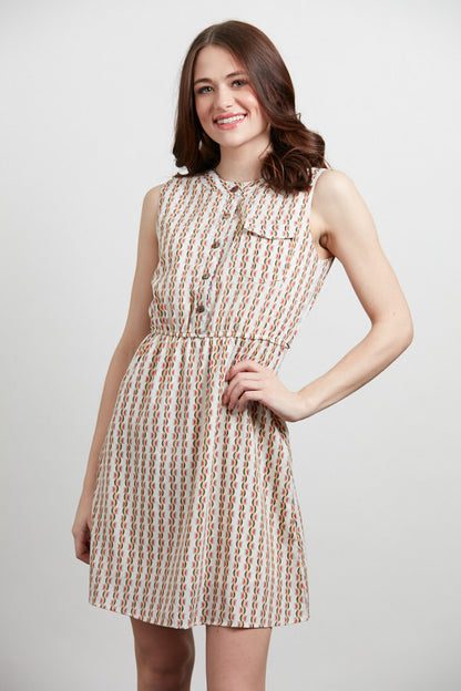Abstract Color Wave Print Button Up Dress Cream