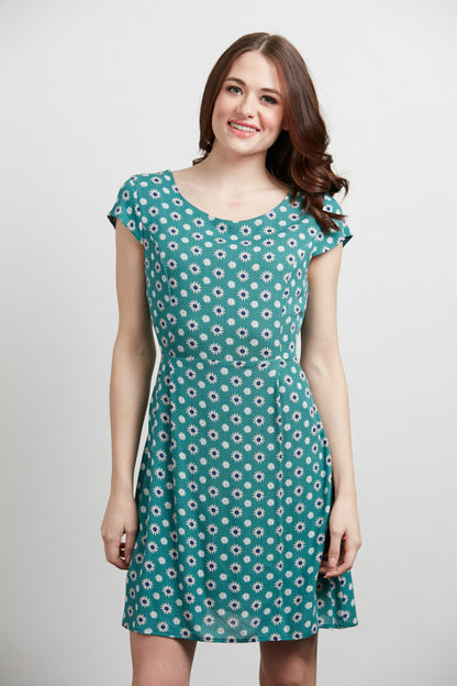 White Floral Print Casual Dress Green