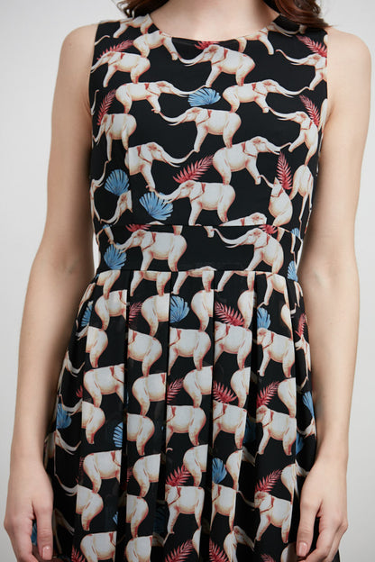 Elephant Print Pleated Skirt Dress Black