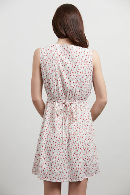 Red Tiny Floral Print Button Up Dress White