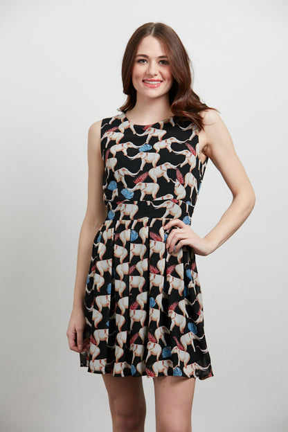 Elephant Print Pleated Skirt Dress Black