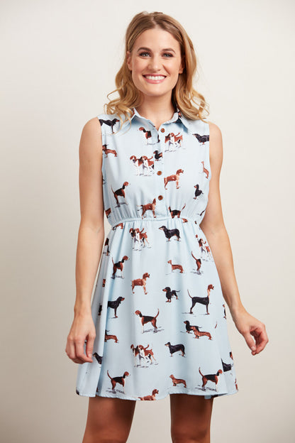 Collared Neck Dachshund & Beagle Print Dress Light Blue