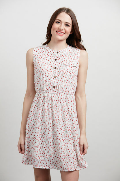 Red Tiny Floral Print Button Up Dress White